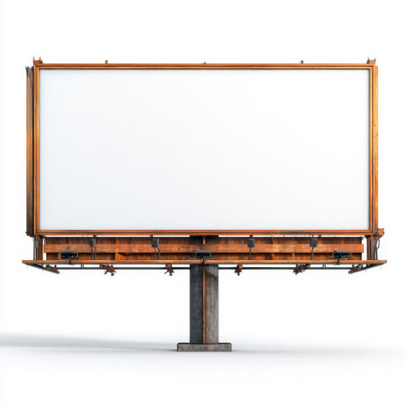 A blank advertising billboard sits prominently against an isolated white background, ideal for showcasing marketing concepts and creative advertising campaigns.の素材