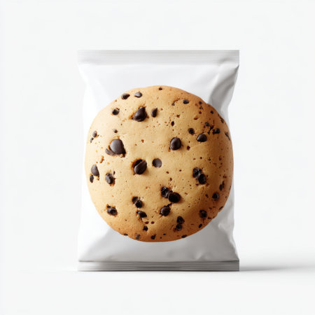 A tempting chocolate chip cookie showcases its crispy surface and rich aroma, beautifully presented in clear packaging, perfect for dessert enthusiasts.の素材