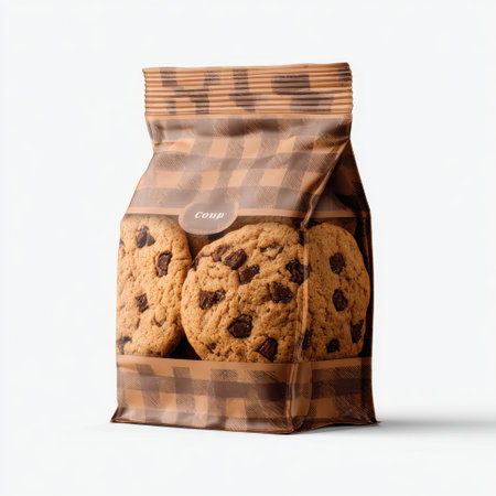 A delightful bag of chocolate chip cookies showcasing enticing textures and flavors. This perfect treat evokes warmth and comfort, ideal for any occasion.の素材
