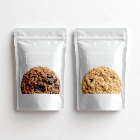 This stock photo showcases two modern bags of cookies featuring realistic illustrations. Perfect for food marketing, product design, or packaging inspiration.の素材