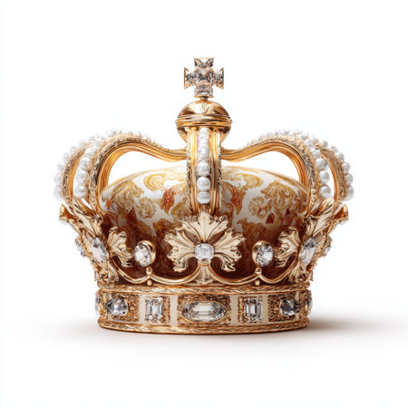 An exquisite golden crown adorned with jewels and pearls, showcasing intricate design details that symbolize royalty and elegance in a luxurious setting.の素材