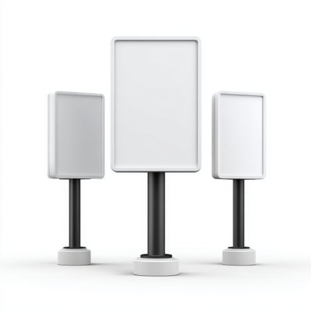 Three empty vertical billboards on pedestals stand alone in a studio setting. Ideal for showcasing custom advertising designs or promotional messages.の素材