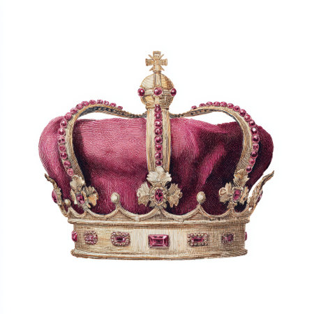 This stunning image features an ornate royal crown, adorned with deep red velvet and intricate gold detailing. The crown is embellished with shiny gems and celebrates elegance and opulence, perfect for themes of royalty and luxury.の素材