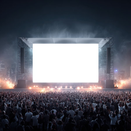 An empty stage illuminated under the night sky, featuring a large screen awaiting an upcoming performance, surrounded by a vibrant urban cityscape.の素材