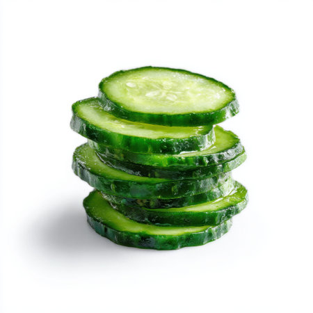 A visually appealing stack of freshly sliced cucumbers set against a clean white backdrop, highlighting their vibrant green color and texture for health-focused culinary use.の素材