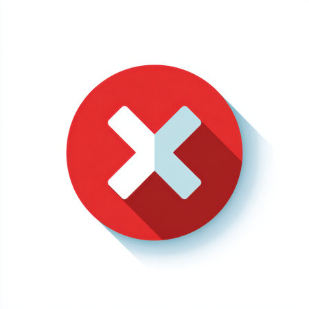A modern red circular icon featuring a white cross symbol, ideal for representing cancellation or prohibition in digital design. The minimalistic style enhances its visual impact.の素材