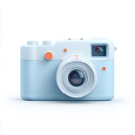 This image features a stylish retro camera in a soft blue color scheme. Ideal for photography enthusiasts, it captures artistic elegance and vintage charm.の素材