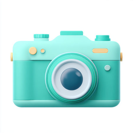 A playful vintage-inspired teal camera designed for creative minds, perfect for artistic photography lovers, projects, and aesthetic displays in any setting.の素材