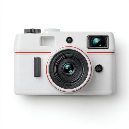This image features a vintage-style camera resting on a clean white background. Ideal for projects related to photography, art, and creative expression.の素材