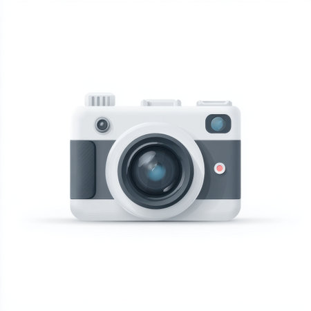 A vintage white camera stands prominently against a clean background, perfect for photography concepts, creative projects, and artistic endeavors.の素材