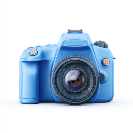 This image features a vibrant blue digital camera set against a clean white background. The camera showcases a sleek design, perfect for photography enthusiasts and professionals.の素材