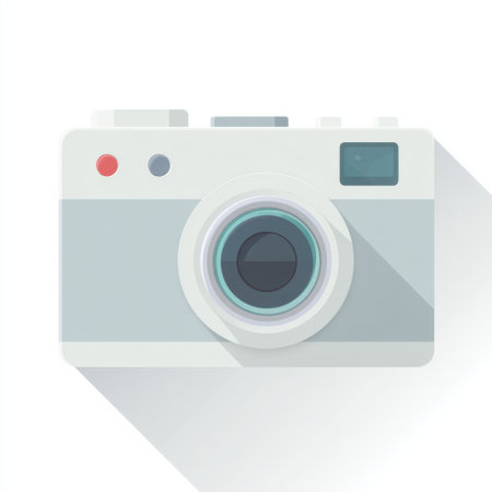 Colorful vintage camera illustration featuring a flat design and shadow effect, ideal for creative projects, graphic design, and digital media applications.の素材