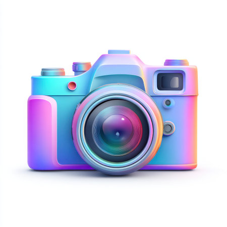 This vibrant illustration of a camera features a blend of colorful hues, showcasing an artistic and modern design perfect for digital media and creative projects.の素材