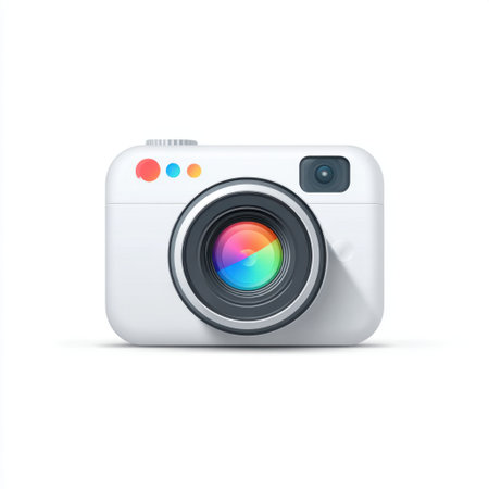 This modern camera graphic features a vibrant lens and a sleek design, ideal for use in photography-related projects, artwork, and creative media.の素材