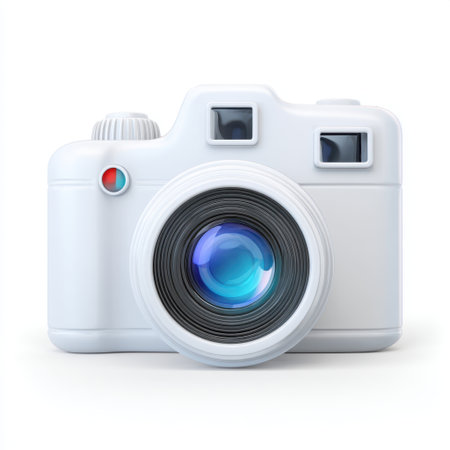 This image features a vintage style white camera with a colorful lens, ideal for concepts related to photography, creativity, and technology.の素材