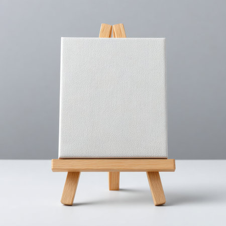 A blank canvas placed on a small wooden easel, symbolizing endless creative potential. Ideal for art, design projects, and minimalist decor.の素材
