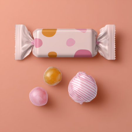 A vibrant display of assorted candies featuring a wrapped sweet and colorful round treats on a soft pink background, creating a playful and cheerful atmosphere.の素材