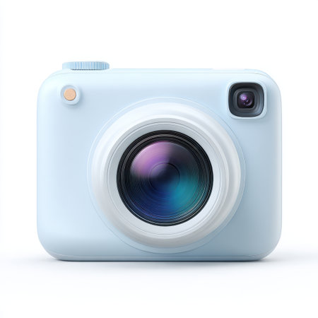 This light blue instant camera features a stylish design with a circular lens and a white frame, perfect for capturing vibrant moments and creative memories.の素材