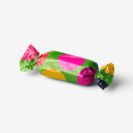 This image features a colorful wrapped candy adorned with bright polka dots, sitting on a clean background, perfect for illustrating sweet treats.の素材
