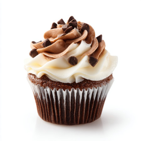 A delightful chocolate cupcake featuring rich chocolate frosting and creamy vanilla swirls, topped with chocolate chips for an indulgent treat. Perfect for dessert lovers.の素材