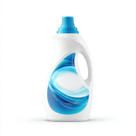 A visually striking laundry detergent bottle featuring a sleek design with blue swirls and a modern aesthetic, perfect for household cleaning needs.の素材