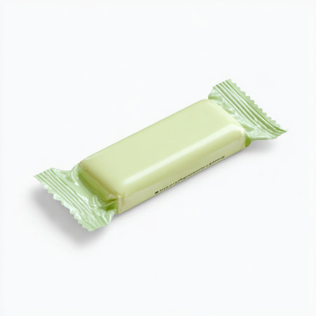 A vibrant green candy, individually wrapped, showcases its appealing design. Ideal for sweet treats, celebrations, or food photography. Perfectly captures enjoyment.の素材