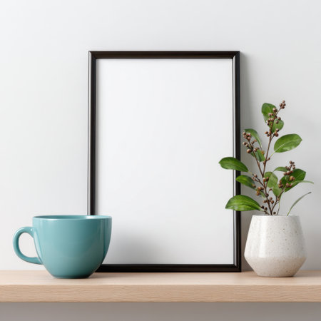 This modern home decor composition features a blank frame, a teal mug, and a stylish plant in a pot on a wooden shelf, creating a serene and inviting atmosphere.の素材