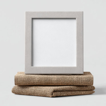 A minimalist photo frame rests on neatly folded textured fabric, creating a warm and inviting space for personalized artwork or photography.の素材