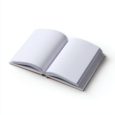 An empty open book lays on a pristine white background, ideal for creative projects, educational materials, or publishing concepts, offering endless possibilities.の素材