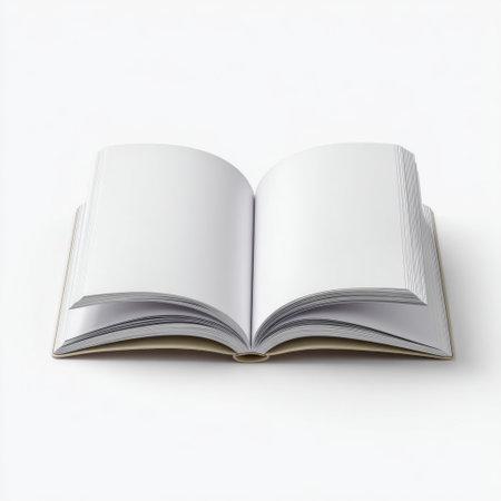 Open blank book on a pristine white background invites creativity and inspiration for writing, journaling, or educational tasks. Perfect for artists or students.の素材