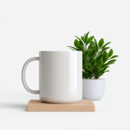 A clean and minimalist scene featuring a white ceramic coffee mug on a wooden coaster next to a small green plant in a white pot, perfect for interior decor inspiration.の素材