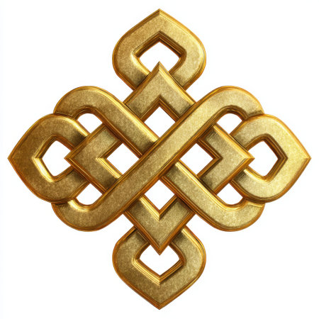 This stunning golden endless knot symbol represents unity and eternity, featuring intricate design details and elegant strokes, perfect for decoration.の素材