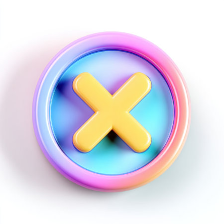 This vibrant 3D icon features a bright yellow cross on a glossy round button. The gradient background enhances its modern design, perfect for digital projects.の素材