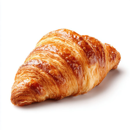 This image features a freshly baked golden brown croissant, highlighting its flaky crust and buttery texture, perfect for food and bakery promotions.の素材