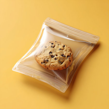 A tempting chocolate chip cookie sits inside a clear plastic package against a vibrant yellow background, highlighting its delicious texture and inviting appearance.の素材