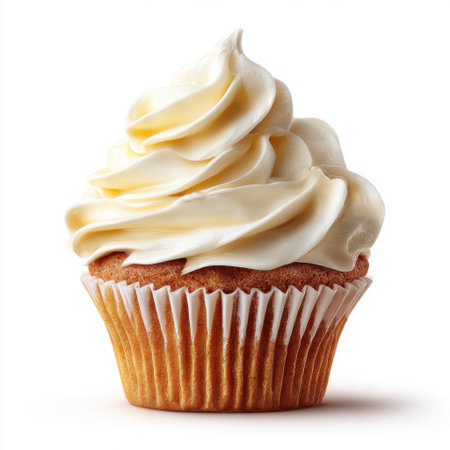 A beautifully styled vanilla cupcake topped with smooth whipped cream frosting, perfect for any celebration or sweet indulgence, enticing and visually appealing.の素材