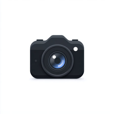 A sleek black camera icon featuring a prominent lens and flash, ideal for use in digital media, graphic design, and artistic projects. Perfect for visual communication.の素材