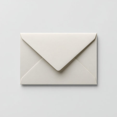 A stylish white envelope placed on a soft grey background, perfect for invitations, letters, or business correspondence. Ideal for any stationery design.の素材