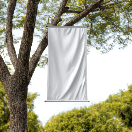 A blank white banner hangs from a sturdy tree branch, surrounded by lush green leaves in a bright outdoor setting, perfect for promotional use.の素材