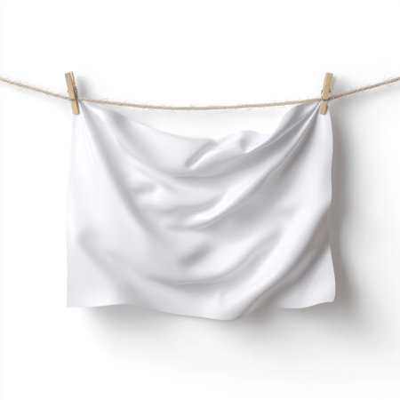 Soft white fabric hangs gently on a rope, showcasing delicate creases and folds. Ideal for various backgrounds, presentations, or creative projects.の素材