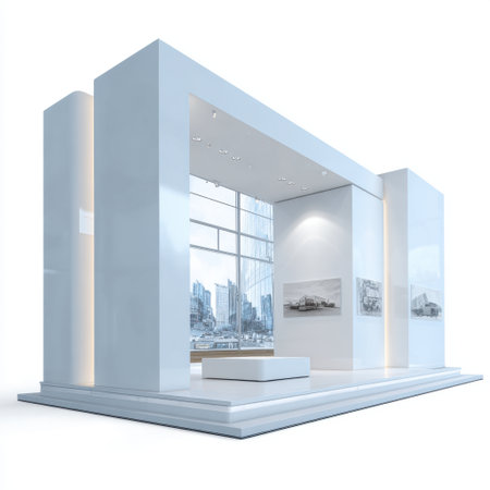 A stunning modern exhibition stand featuring minimalist design elements and spacious interior, ideal for showcasing artwork or products at events or trade shows.の素材
