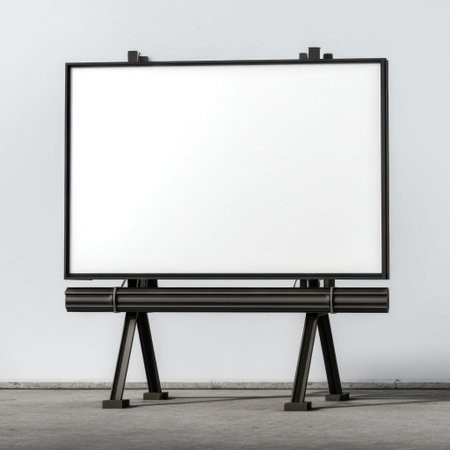 This image showcases a minimalist blank display board on a sleek modern stand, set in a stylish indoor space, perfect for presentations and announcements.の素材