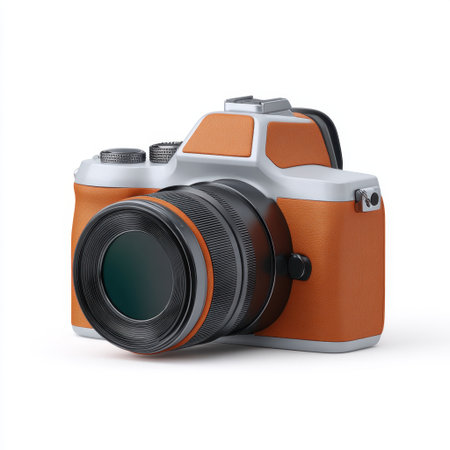 This image showcases a modern camera with a unique orange leather accent, perfect for photography enthusiasts and professionals seeking style and quality in their equipment.の素材