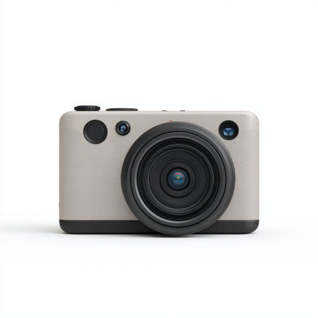 A modern compact camera featuring a retro design and a large lens, set against a clean white background. Ideal for photography enthusiasts.の素材