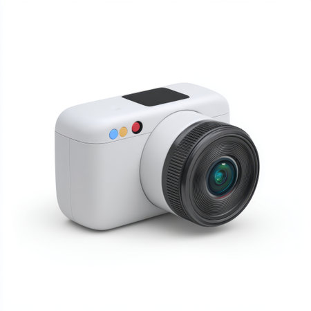 This compact digital camera showcases a sleek design with a clear lens, perfect for capturing high-quality images. Ideal for both beginners and enthusiasts, its minimalist aesthetic combines functionality with style.の素材
