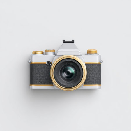 This image showcases a vintage-style camera featuring a classic design with modern elements. Set against a neutral background, it captures the essence of photography.の素材