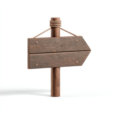 This image features a rustic wooden signpost with two blank arrows, hanging on a rope. Ideal for various navigation and outdoor themes, it offers a vintage touch.の素材