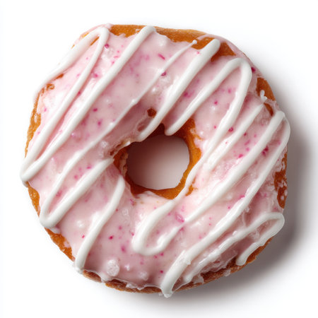 A beautifully crafted pink frosted donut featuring a rich white drizzle. Perfect for capturing the essence of indulgence and sweetness in dessert photography.の素材