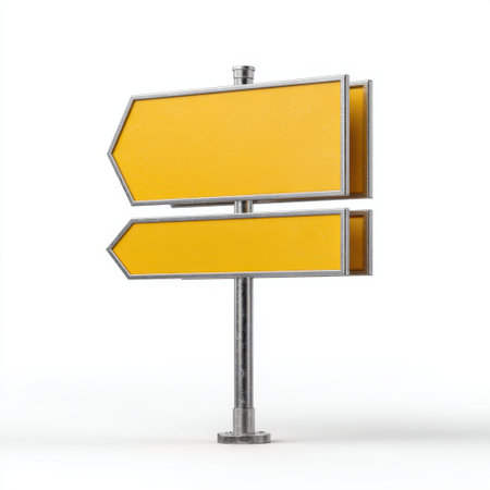 This image features a blank yellow directional signpost with a metal pole, ideal for customizable indications and guidance in travel or urban settings.の素材