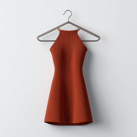 A stylish orange halter neck dress presented on a hanger against a clean white wall, that embodies simplicity and modern fashion trends, perfect for retail display.の素材